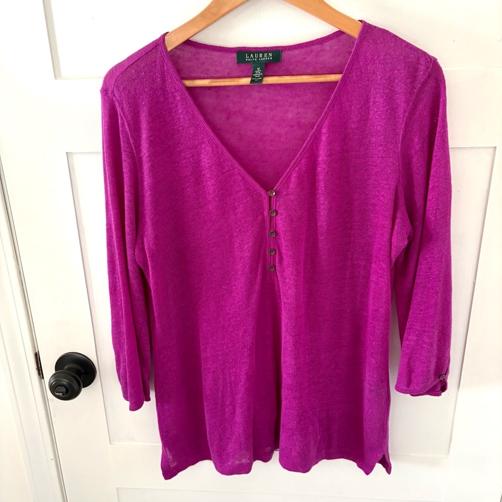 Lauren Ralph Lauren Magenta Linen Henley Tee. Size Medium.